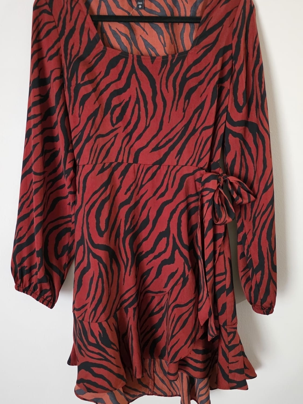Rust Red & Black Zebra Print Long Sleeve Wrap Dress